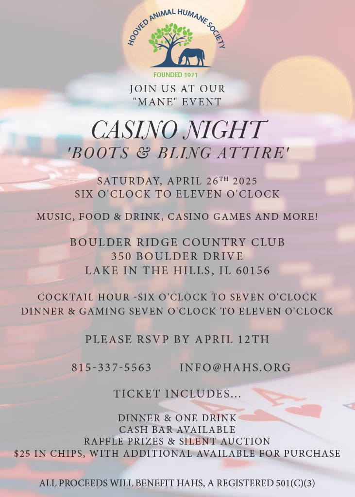 Image depicts an invitation to the organization's "mane event" Casino Night.